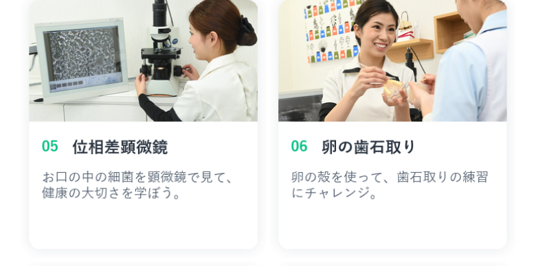位相差顕微鏡体験、卵の歯石取り体験、学校のご案内、質問タイム。